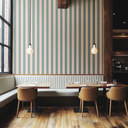 Sage Grey & Apricot Blush – Classic Stripe Wallpaper styled in a boutique hotel and hospitality space