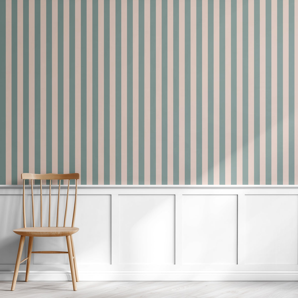 Sage Grey & Apricot Blush – Classic Stripe Wallpaper styled in a hallway and home office