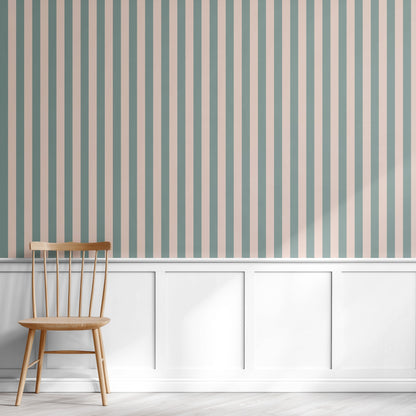 Sage Grey & Apricot Blush – Classic Stripe Wallpaper styled in a hallway and home office