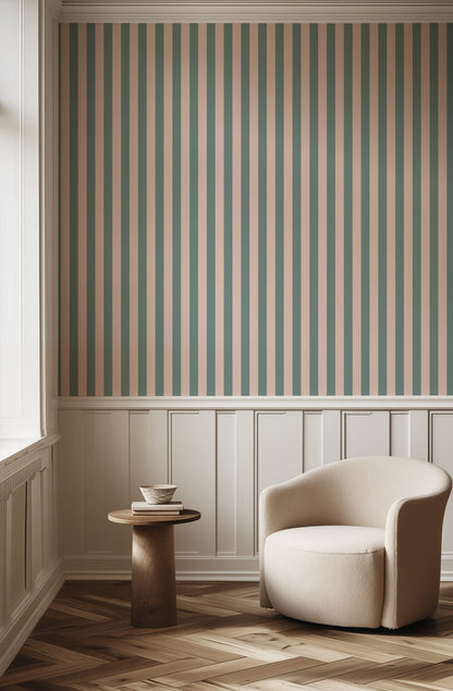 Sage Grey & Apricot Blush – Classic Stripe Wallpaper styled in a hallway and home office