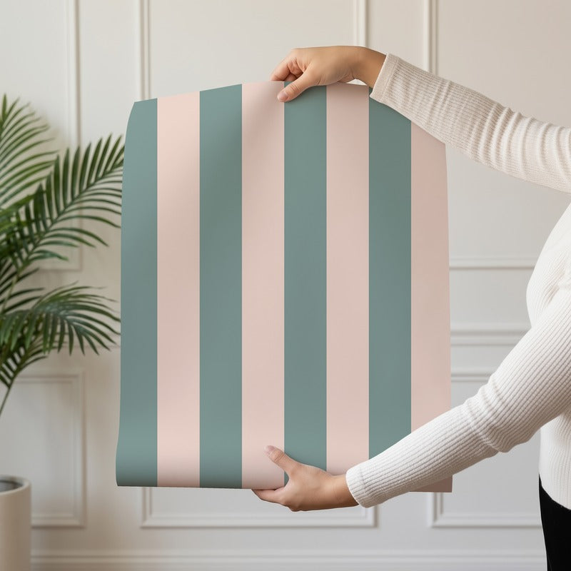 Classic Stripe Wallpaper roll in Sage Grey & Apricot Blush – bold stripes on an apricot blush ground
