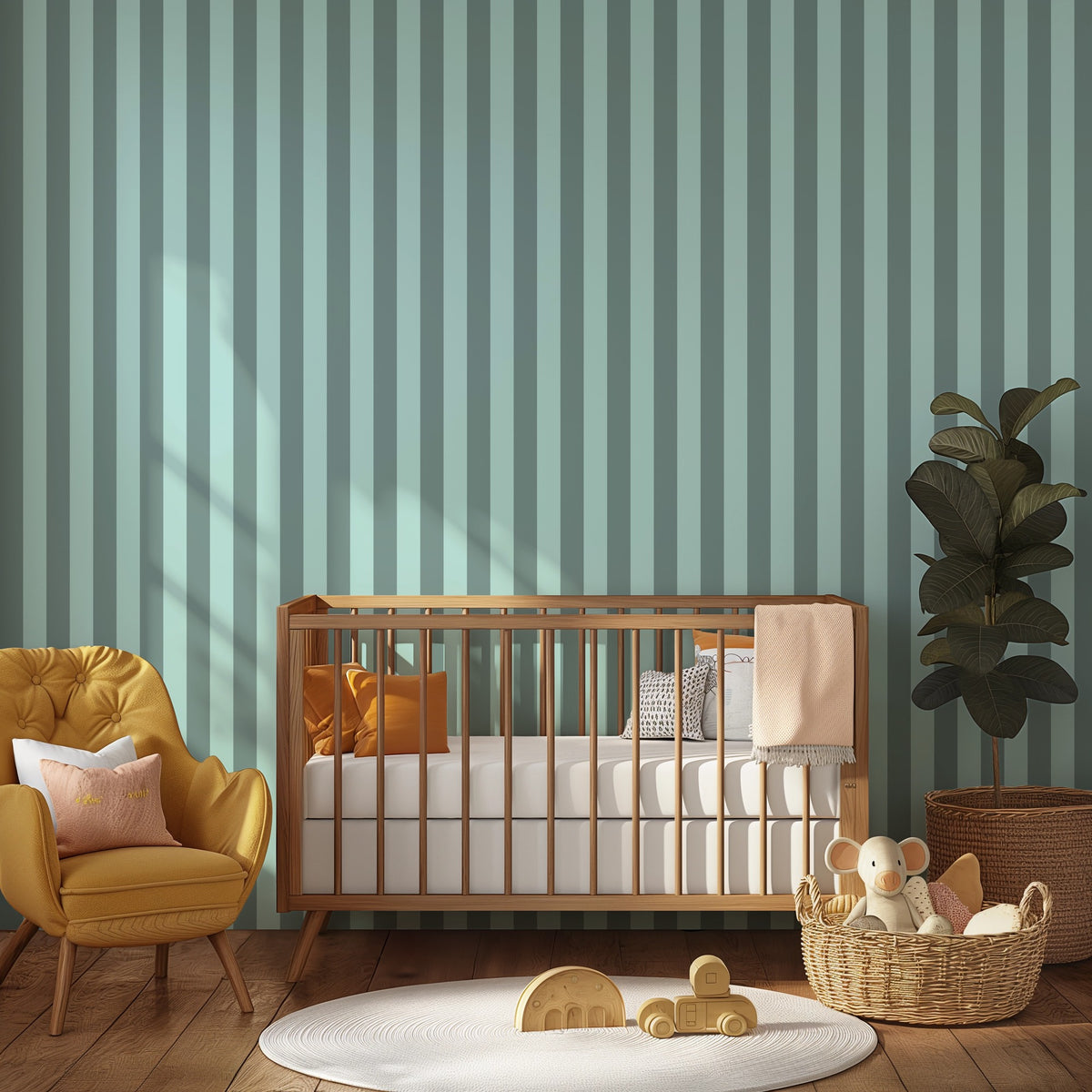 Sage Grey & Sea Mint – Classic Stripe Wallpaper styled in a kids' room and nursery