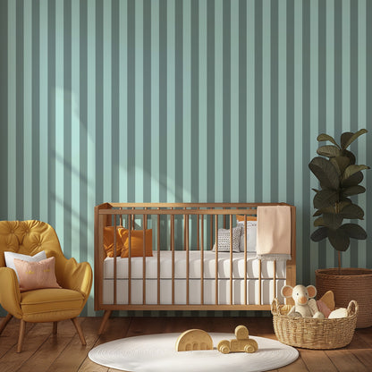 Sage Grey & Sea Mint – Classic Stripe Wallpaper styled in a kids' room and nursery