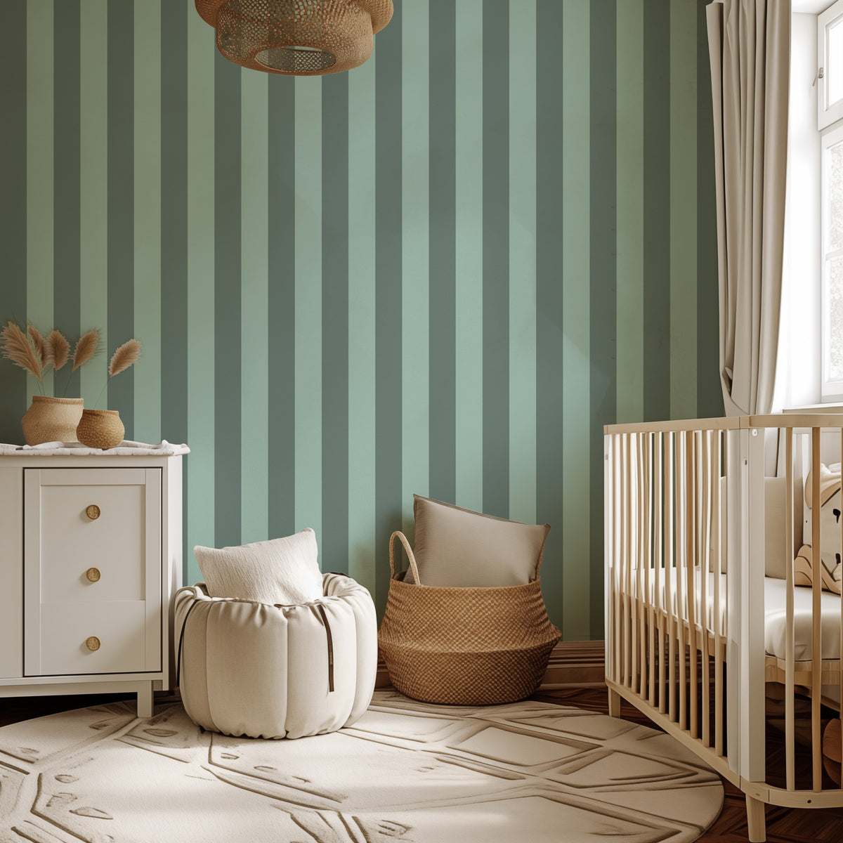 Sage Grey & Sea Mint – Classic Stripe Wallpaper styled in a kids' room and nursery