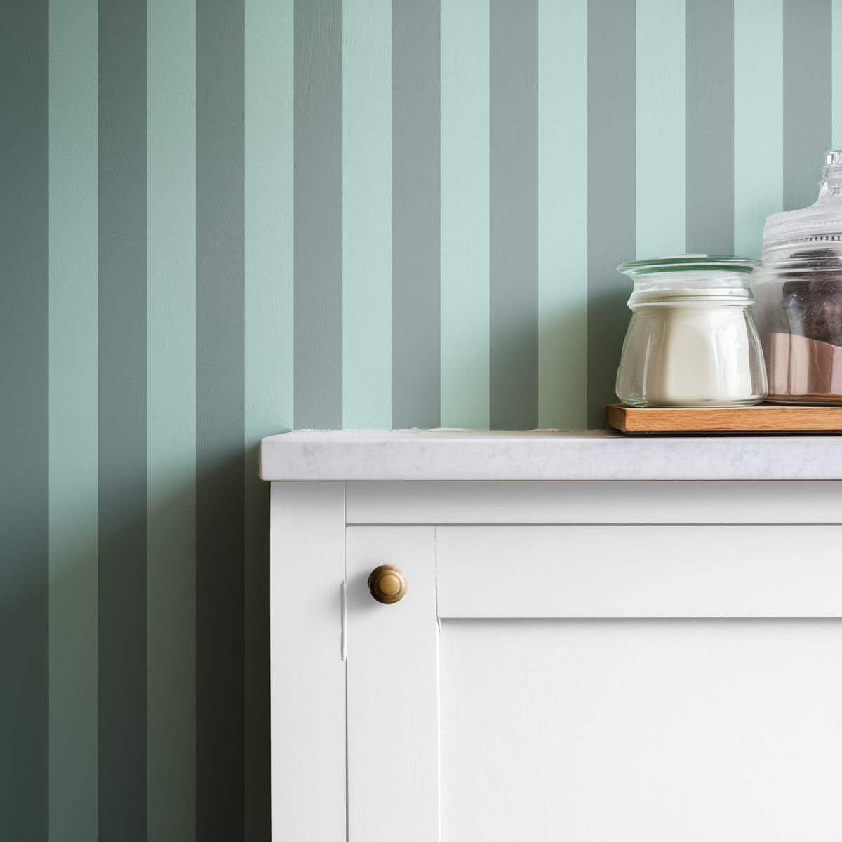 Sage Grey & Sea Mint – Classic Stripe Wallpaper styled in a kitchen and dining room
