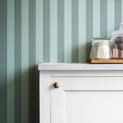 Sage Grey & Sea Mint – Classic Stripe Wallpaper styled in a kitchen and dining room