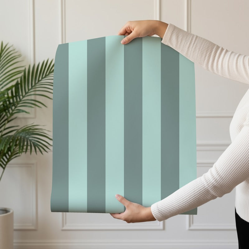 Classic Stripe Wallpaper roll in Sage Grey & Sea Mint – bold stripes on a sea mint ground