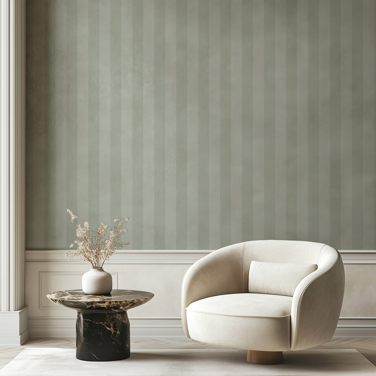 Sage Mist & Pale Eucalyptus – Classic Stripe Wallpaper styled in a hallway and home office