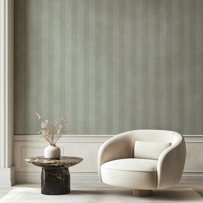 Sage Mist & Pale Eucalyptus – Classic Stripe Wallpaper styled in a hallway and home office