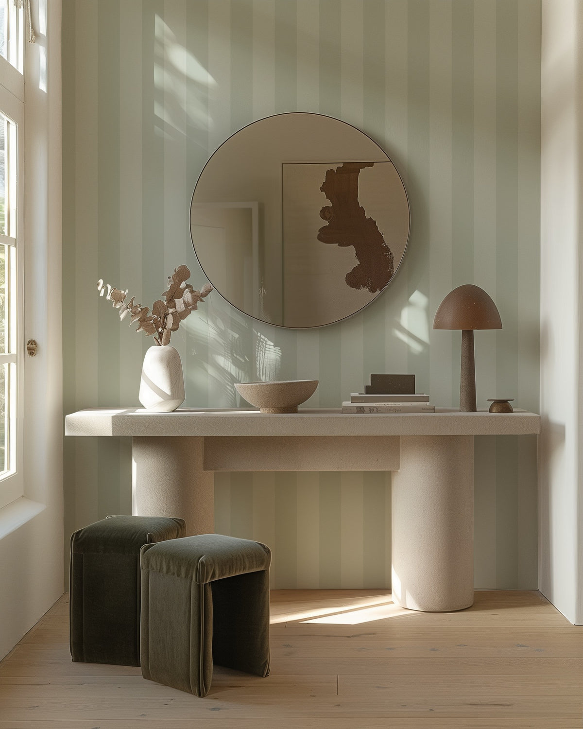 Sage Mist & Pale Eucalyptus – Classic Stripe Wallpaper styled in a hallway and home office
