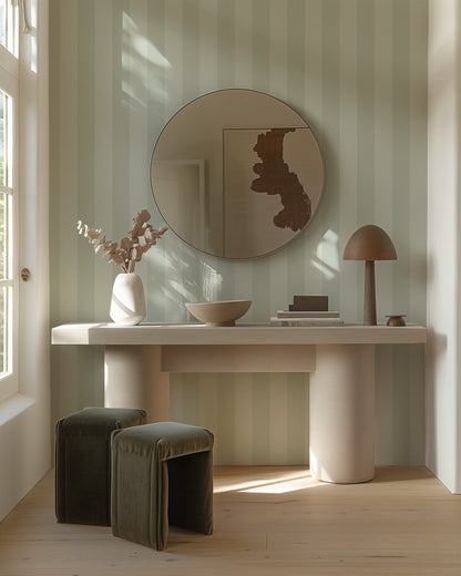 Sage Mist & Pale Eucalyptus – Classic Stripe Wallpaper styled in a hallway and home office
