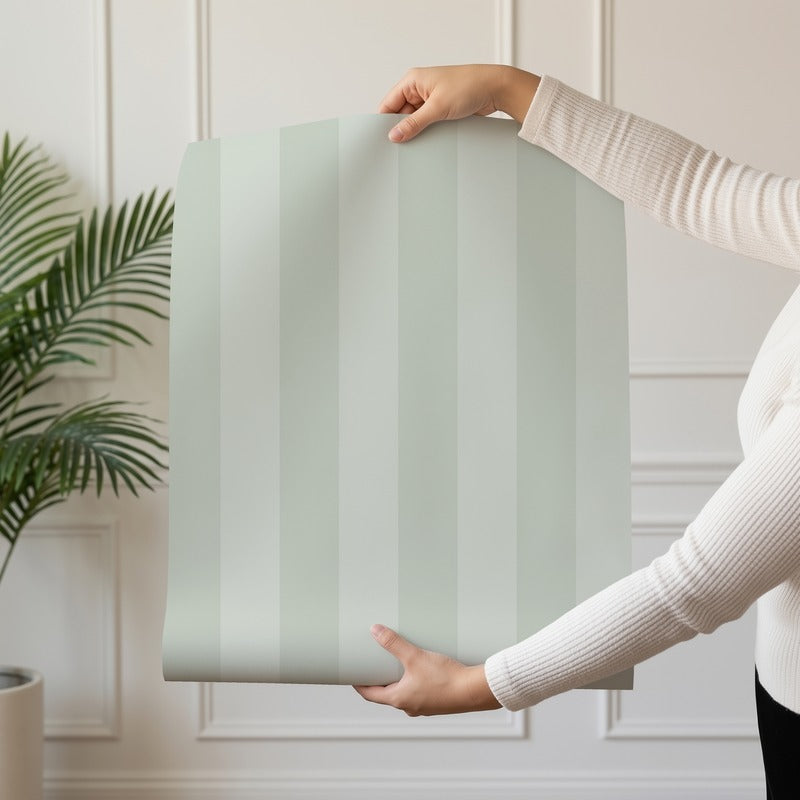 Classic Stripe Wallpaper roll in Sage Mist & Pale Eucalyptus – bold stripes on a pale eucalyptus ground