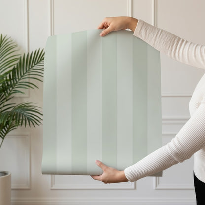 Classic Stripe Wallpaper roll in Sage Mist & Pale Eucalyptus – bold stripes on a pale eucalyptus ground