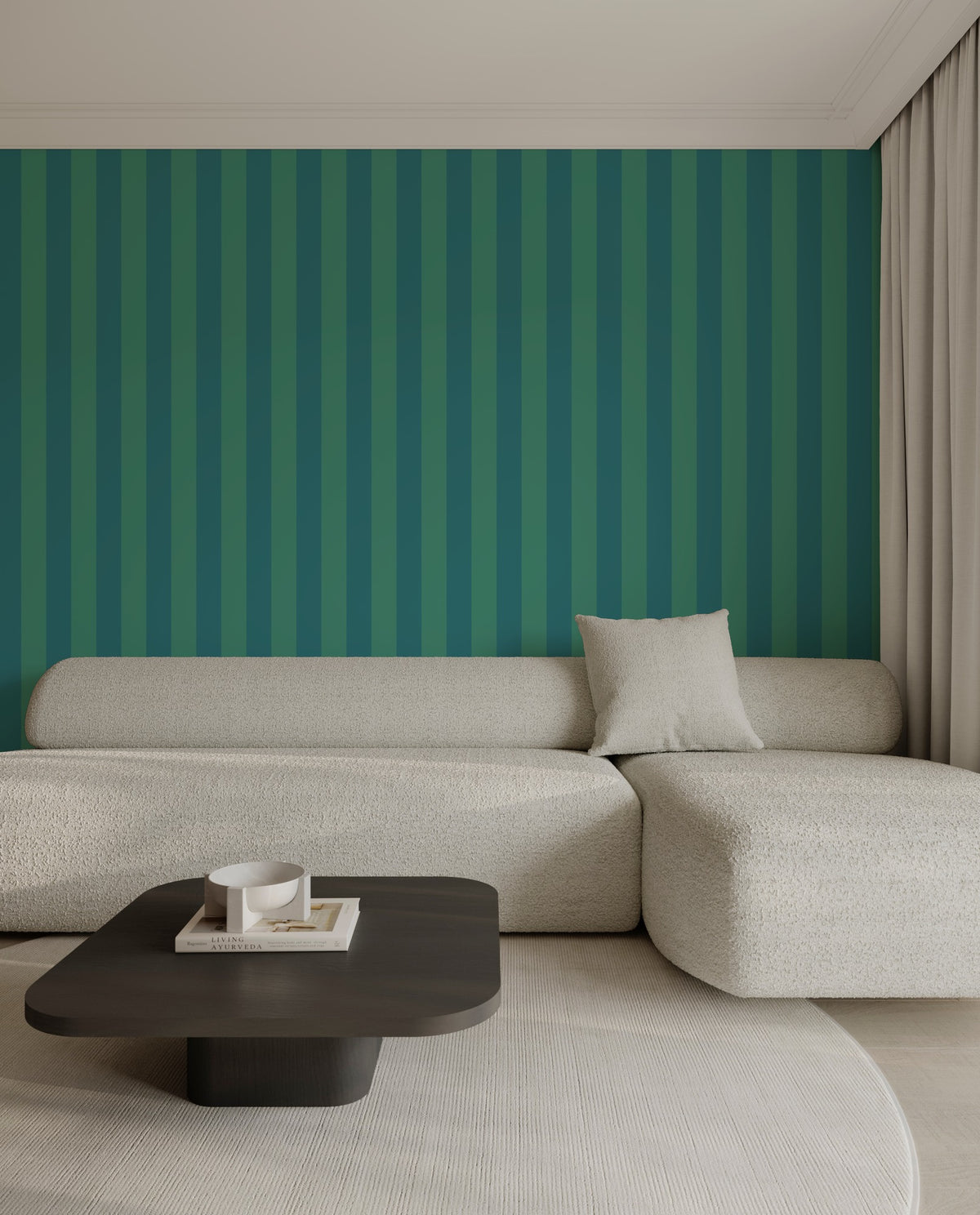 Sage & Teal – Classic Stripe Wallpaper styled in a living room