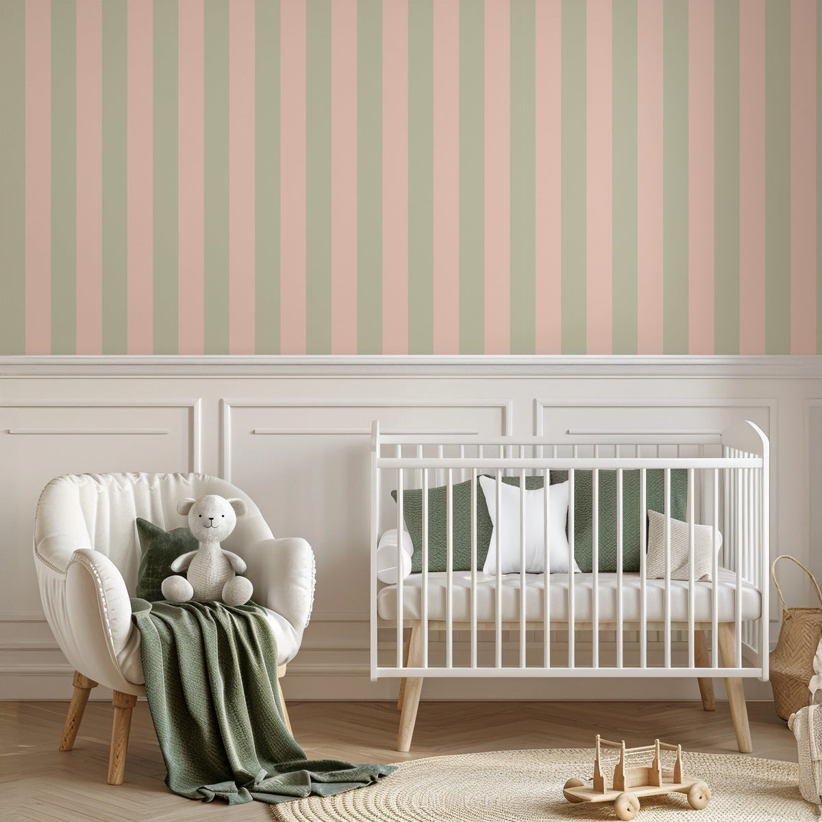 Sand & Cream – Classic Stripe Wallpaper styled in a kids' room and nursery