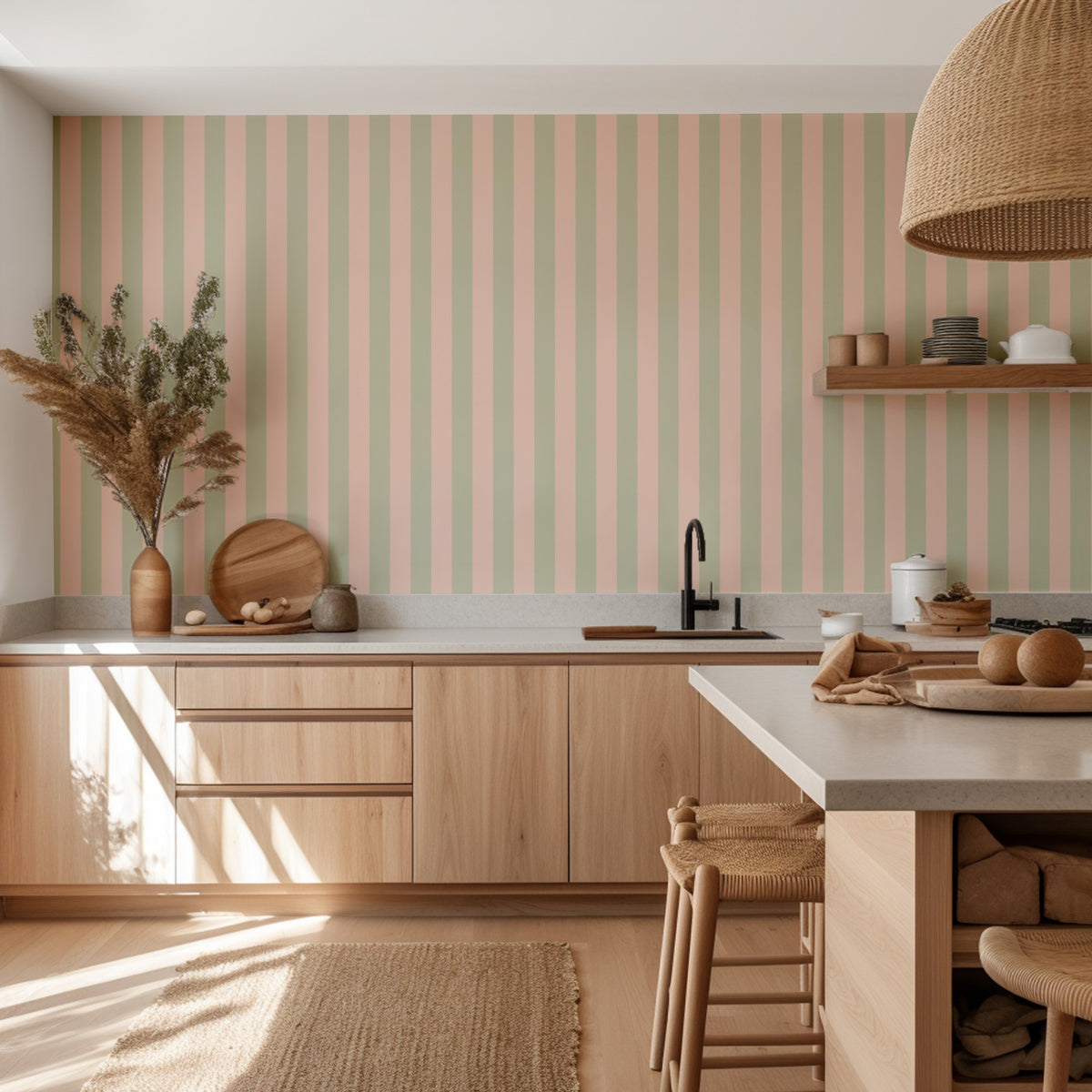 Sand & Cream – Classic Stripe Wallpaper styled in a kitchen and dining room