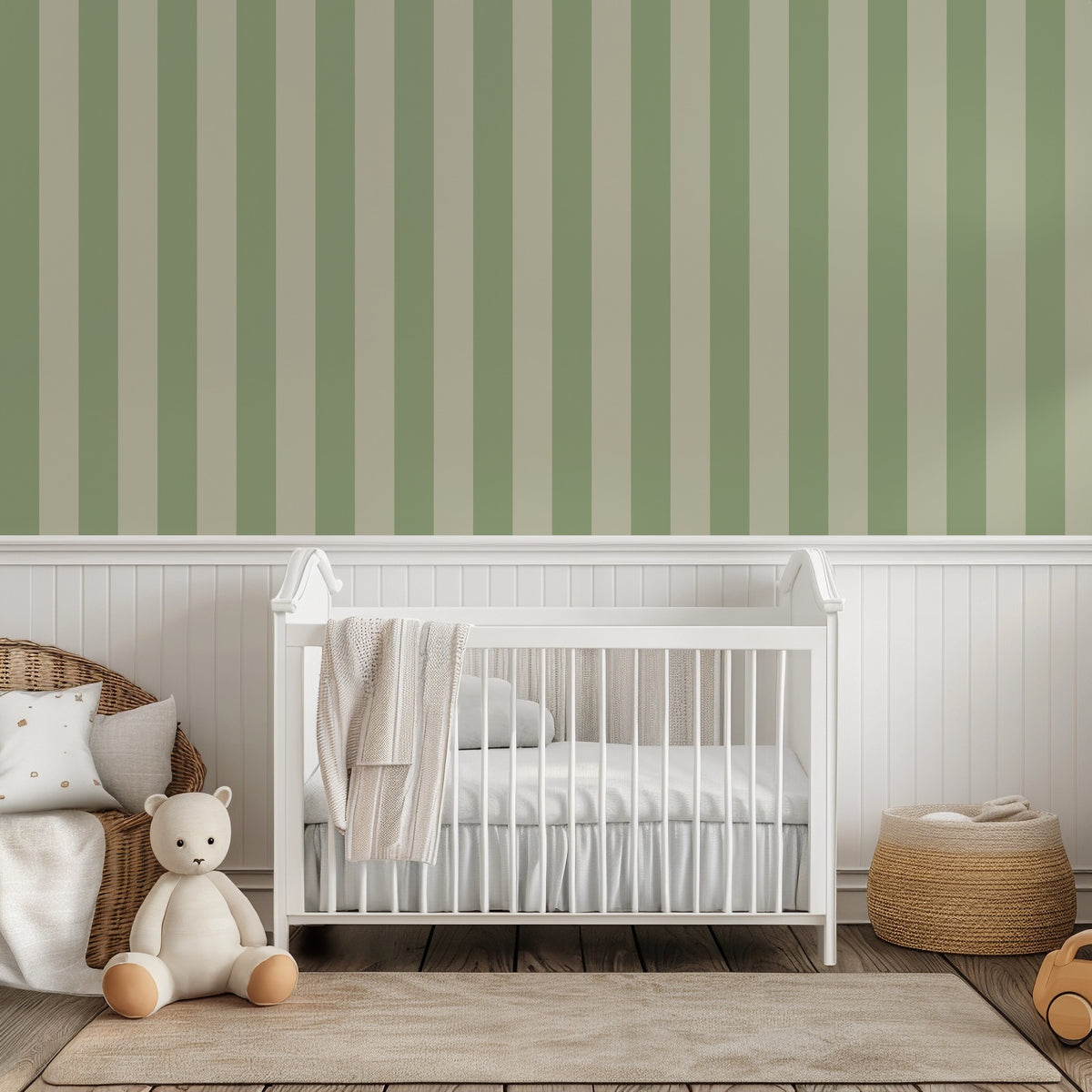 Sand & Sage – Classic Stripe Wallpaper styled in a kids' room and nursery