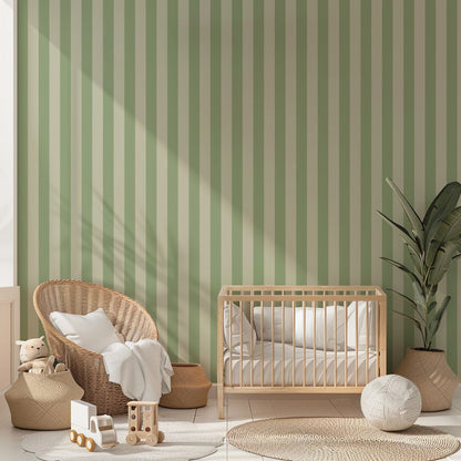 Sand & Sage – Classic Stripe Wallpaper styled in a kids' room and nursery