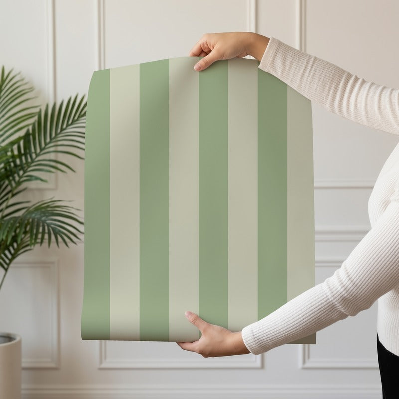 Classic Stripe Wallpaper roll in Sand & Sage – bold stripes on a sage ground