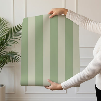 Classic Stripe Wallpaper roll in Sand & Sage – bold stripes on a sage ground
