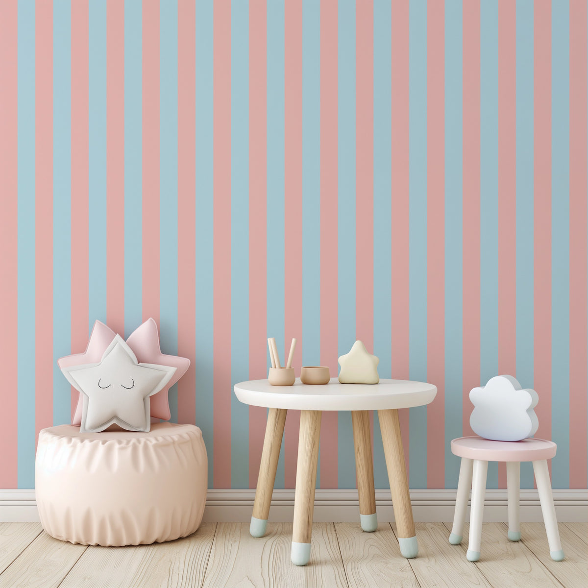 Sky & Blush – Classic Stripe Wallpaper styled in a kids' room and nursery