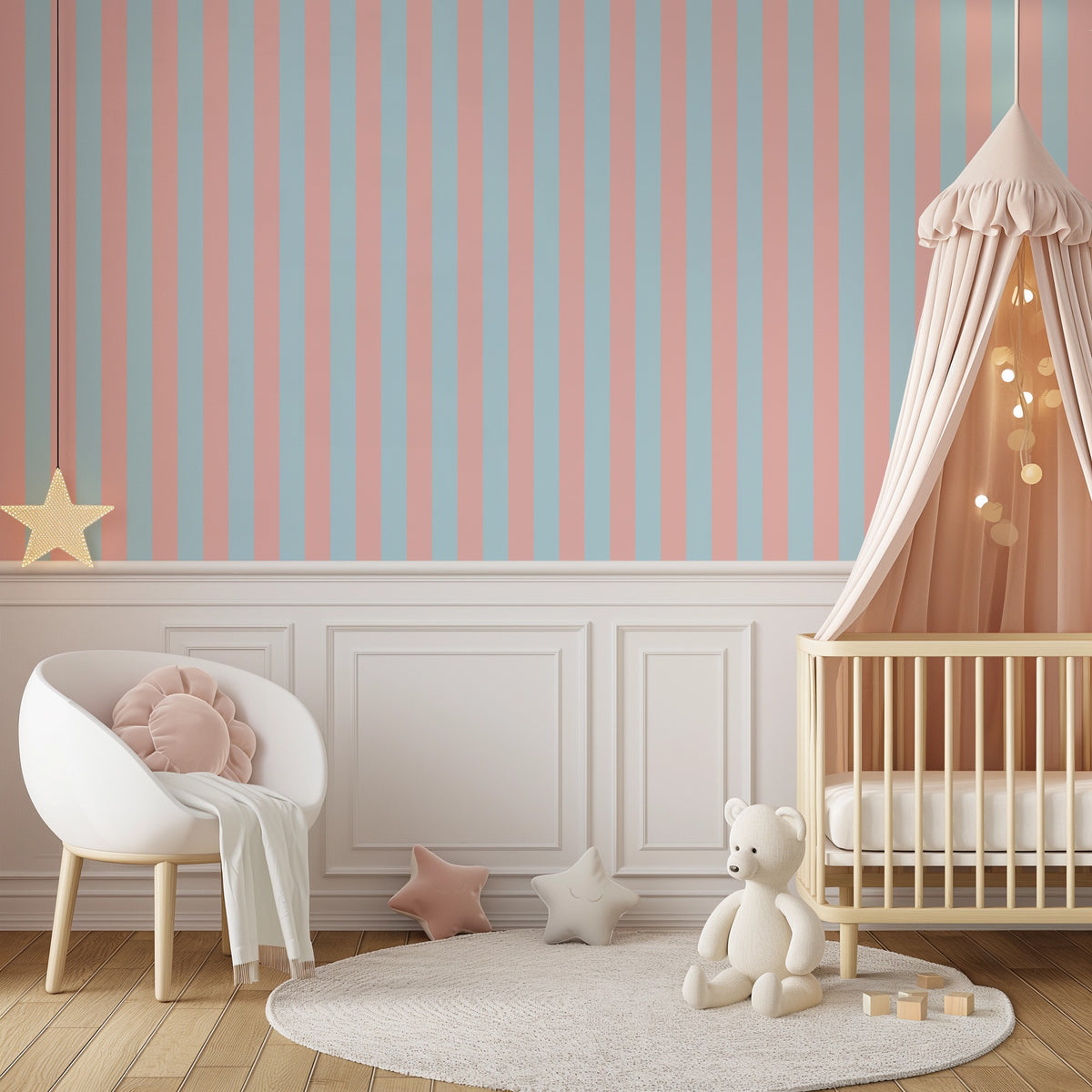 Sky & Blush – Classic Stripe Wallpaper styled in a kids' room and nursery