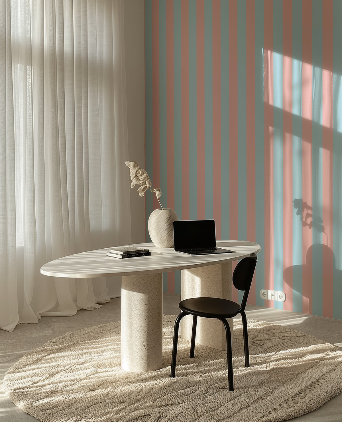Sky & Blush – Classic Stripe Wallpaper styled in a hallway and home office