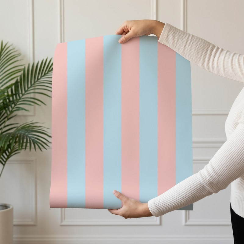Classic Stripe Wallpaper roll in Sky & Blush – bold stripes on a blush ground