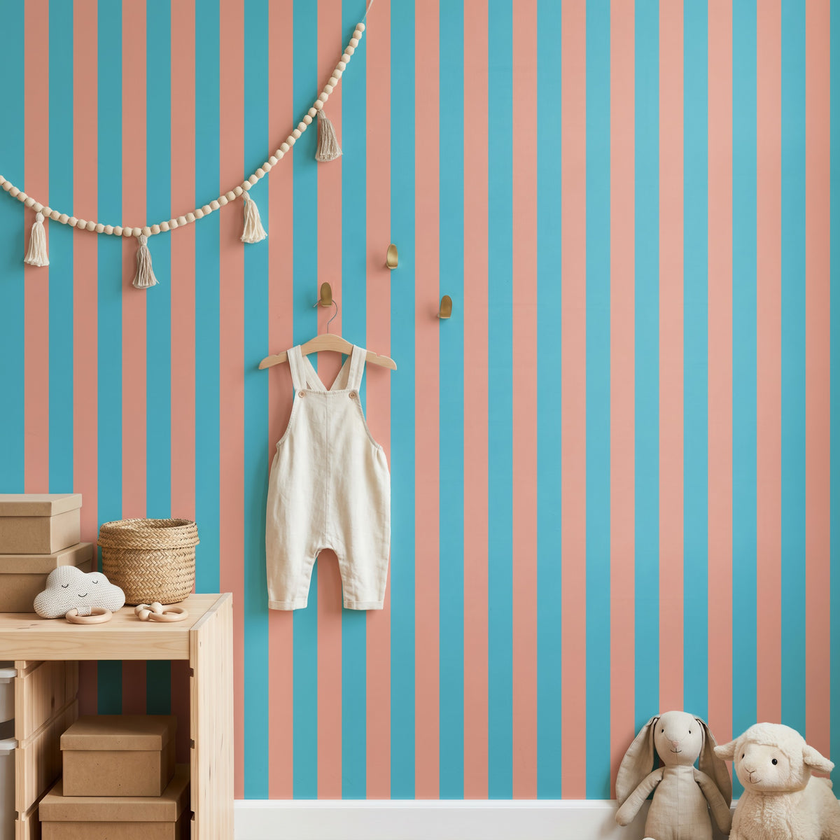 Sky & Coral – Classic Stripe Wallpaper styled in a kids' room and nursery