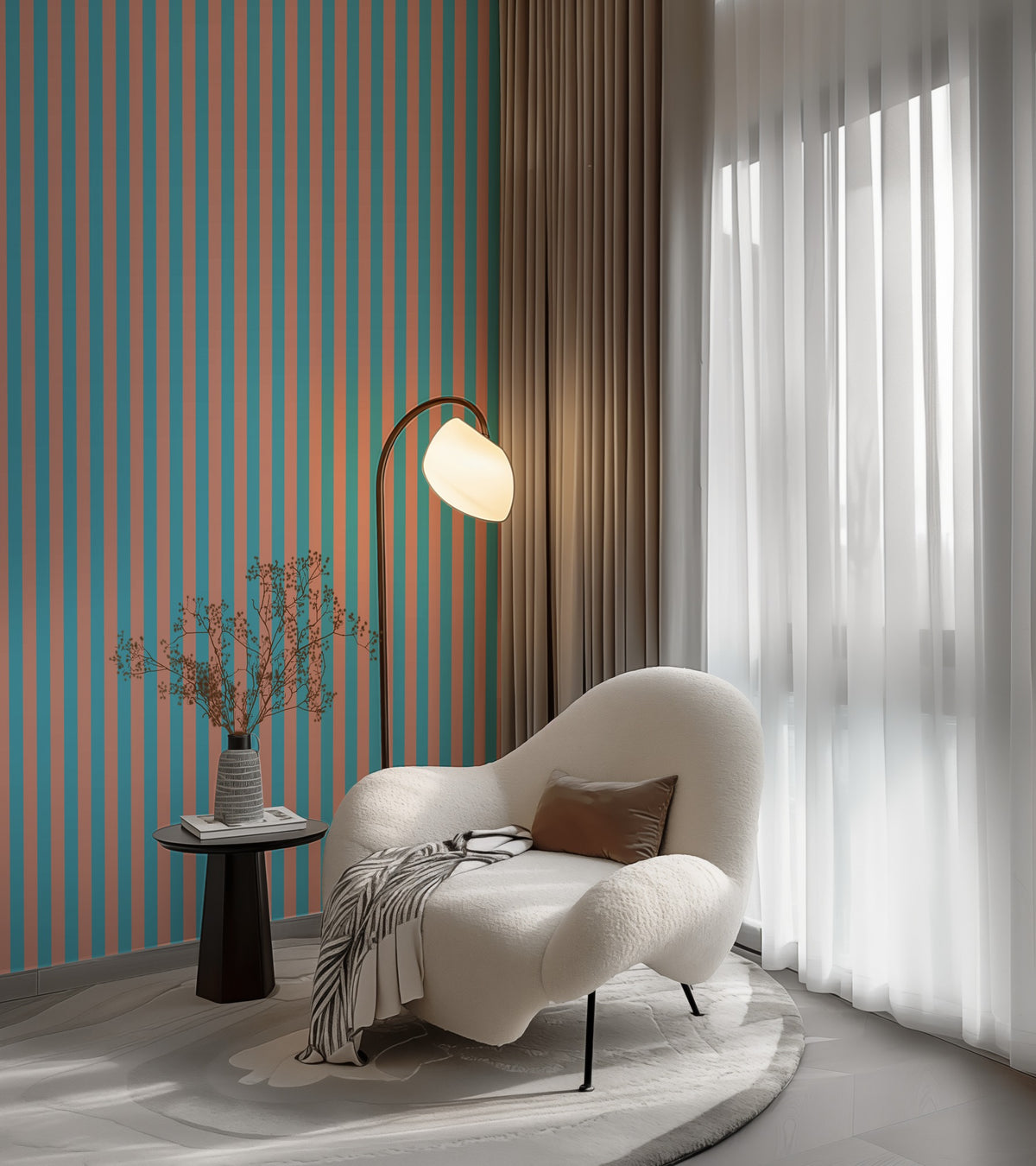 Sky & Coral – Classic Stripe Wallpaper styled in a living room reading corner
