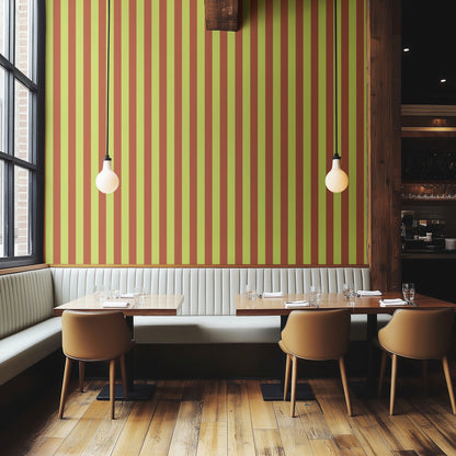 Classic Stripe Wallpaper – Soft Chartreuse & Burnished Rust styled in a boutique hotel and hospitality space