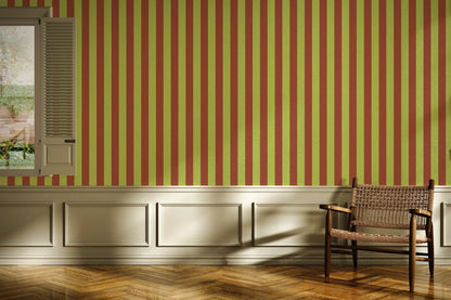 Classic Stripe Wallpaper – Soft Chartreuse & Burnished Rust styled in a living room