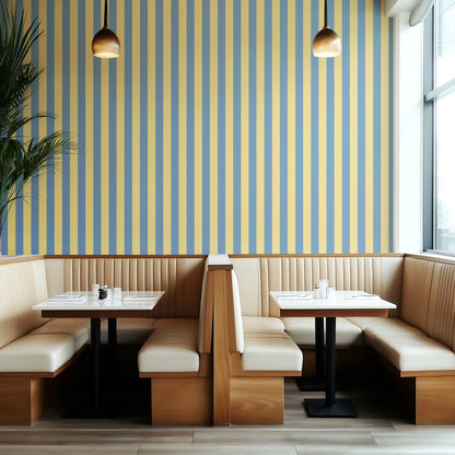 Classic Stripe Wallpaper – Soft Denim & Pale Yellow styled in a boutique hotel and hospitality space