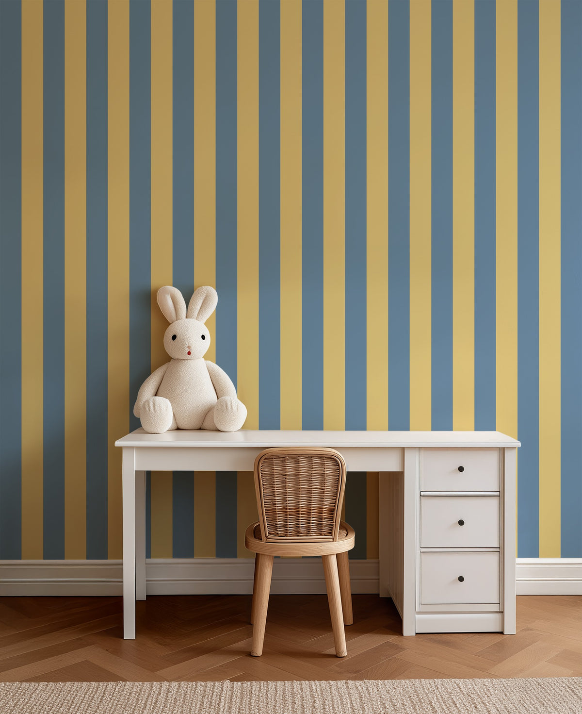 Classic Stripe Wallpaper – Soft Denim & Pale Yellow styled in a kids' room and nursery