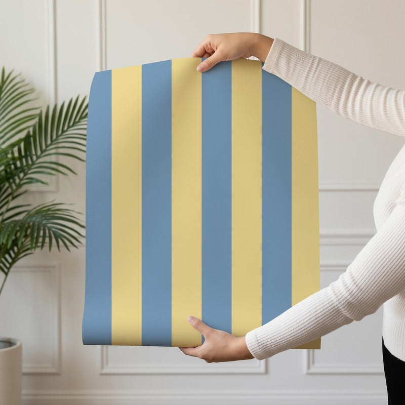 Classic Stripe Wallpaper roll in Soft Denim & Pale Yellow – bold stripes on a pale yellow ground