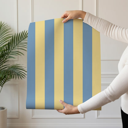 Classic Stripe Wallpaper roll in Soft Denim & Pale Yellow – bold stripes on a pale yellow ground