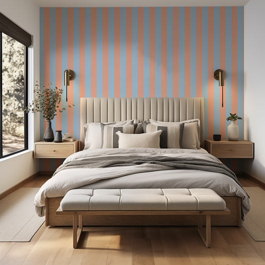 Classic Stripe Wallpaper – Soft Peach & Sky Blue styled in a bedroom