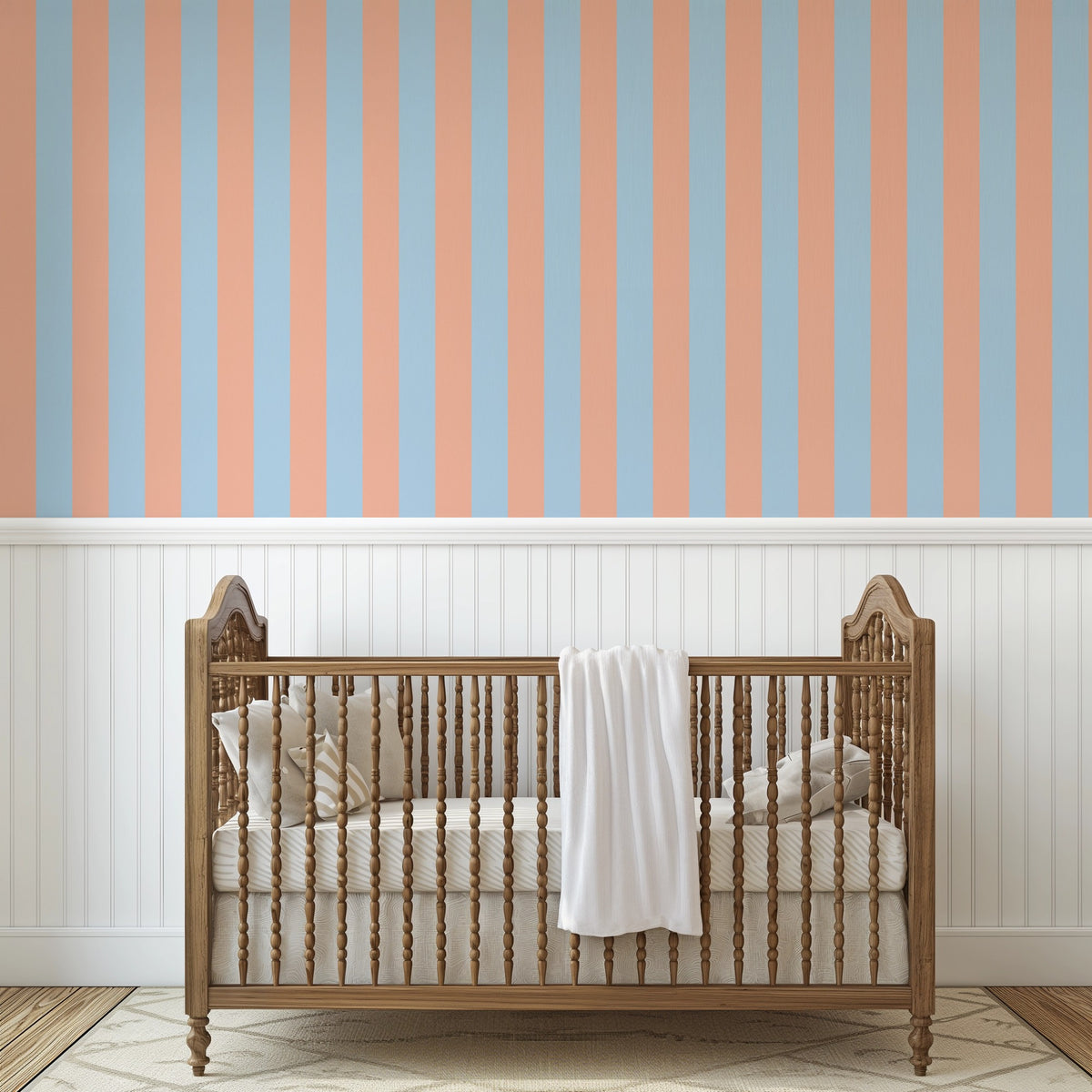 Classic Stripe Wallpaper – Soft Peach & Sky Blue styled in a kids' room and nursery