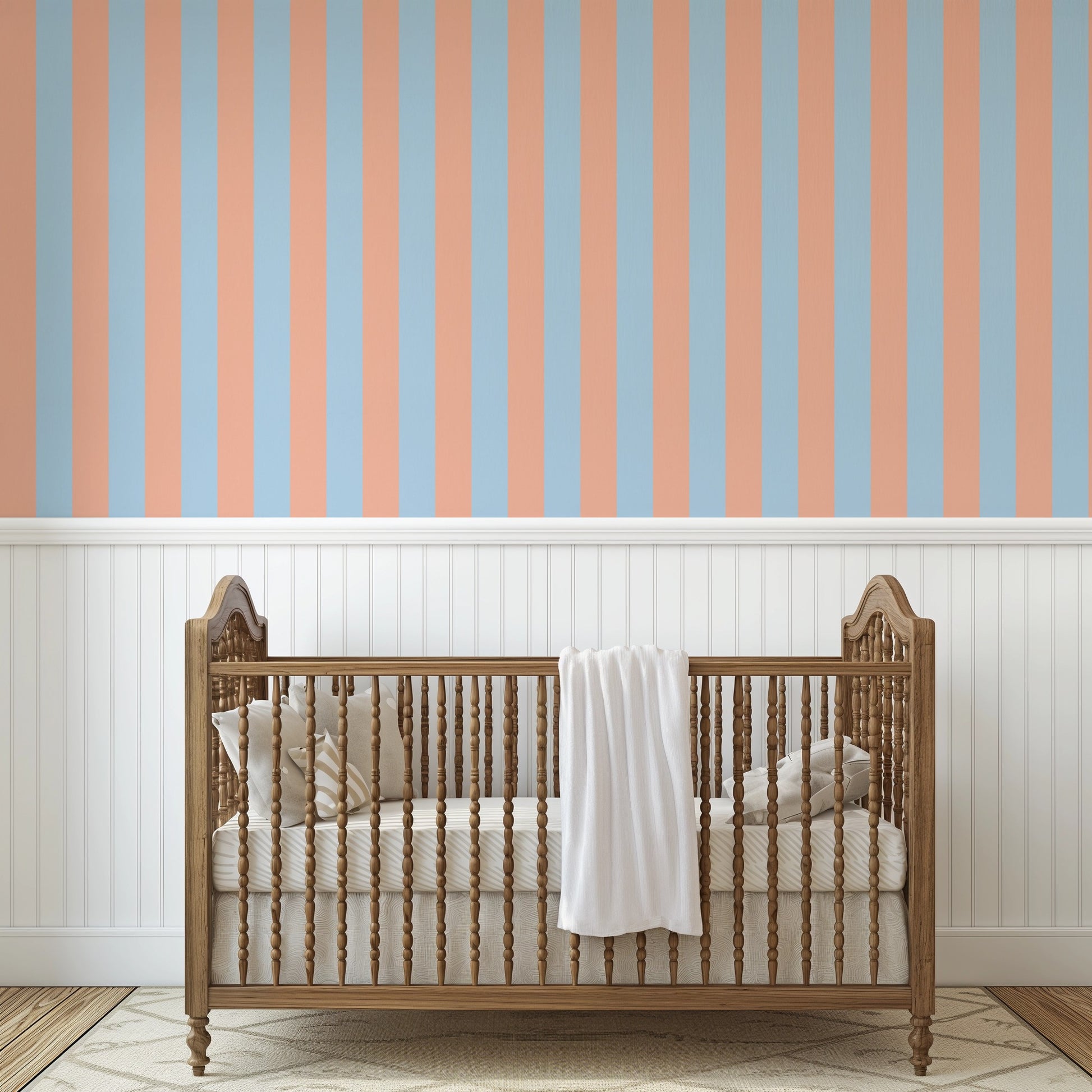Classic Stripe Wallpaper – Soft Peach & Sky Blue styled in a kids' room and nursery