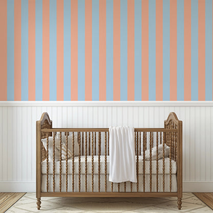 Classic Stripe Wallpaper – Soft Peach & Sky Blue styled in a kids' room and nursery