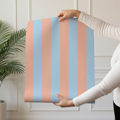 Classic Stripe Wallpaper roll in Soft Peach & Sky Blue – bold stripes on a sky blue ground