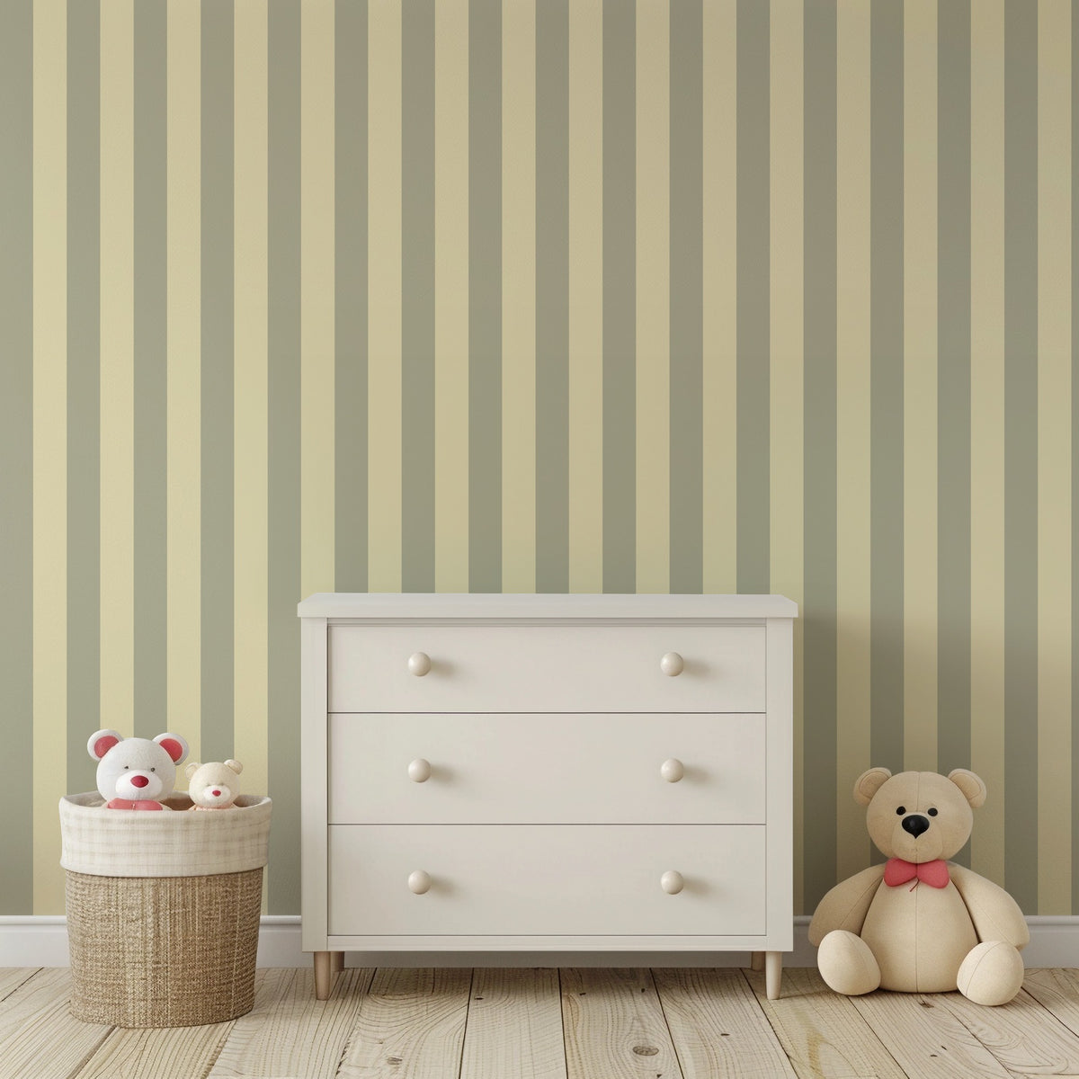 Stone & Cream – Classic Stripe Wallpaper styled in a kids' room and nursery