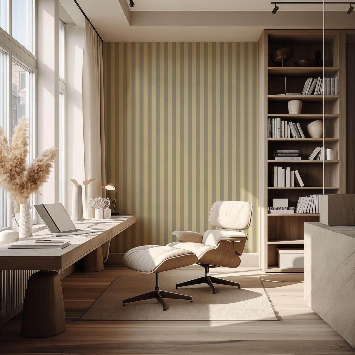 Stone & Cream – Classic Stripe Wallpaper styled in a hallway and home office