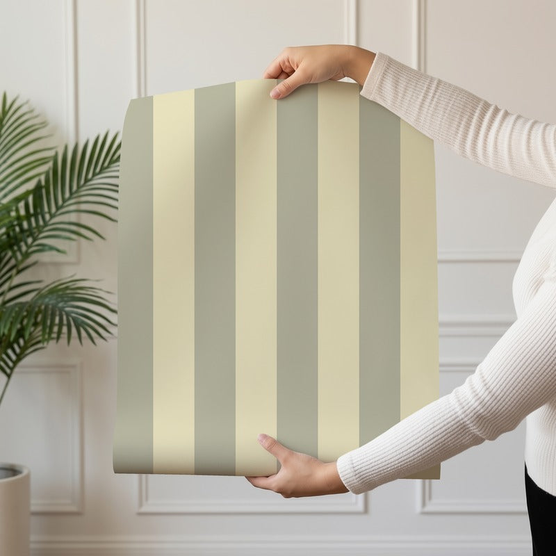 Classic Stripe Wallpaper roll in Stone & Cream – bold stripes on a cream ground
