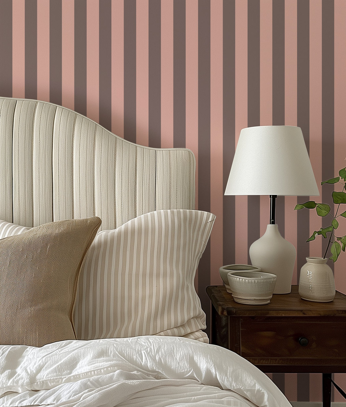 Taupe & Blush – Classic Stripe Wallpaper styled in a bedroom