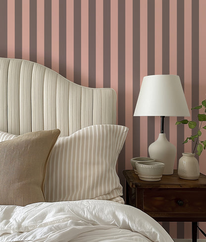 Taupe & Blush – Classic Stripe Wallpaper styled in a bedroom