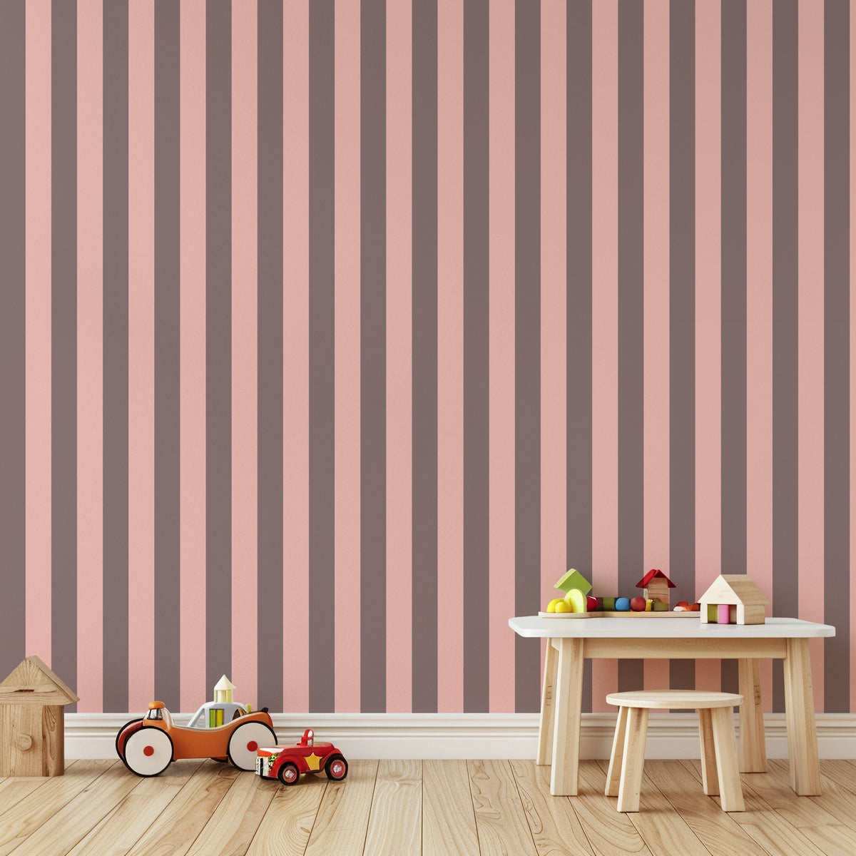 Taupe & Blush – Classic Stripe Wallpaper styled in a kids' room and nursery