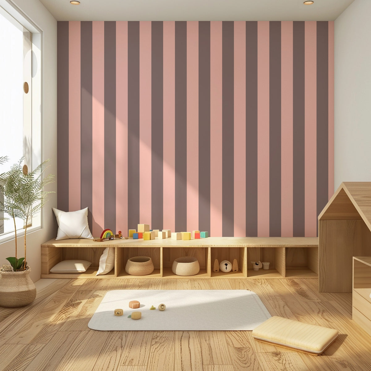 Taupe & Blush – Classic Stripe Wallpaper styled in a kids' room and nursery