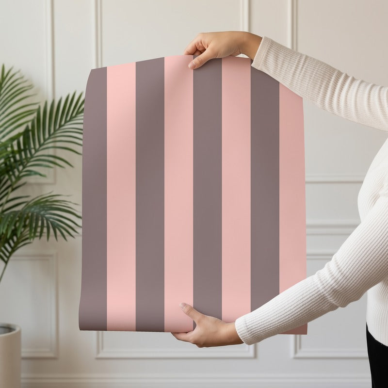 Classic Stripe Wallpaper roll in Taupe & Blush – bold stripes on a blush ground