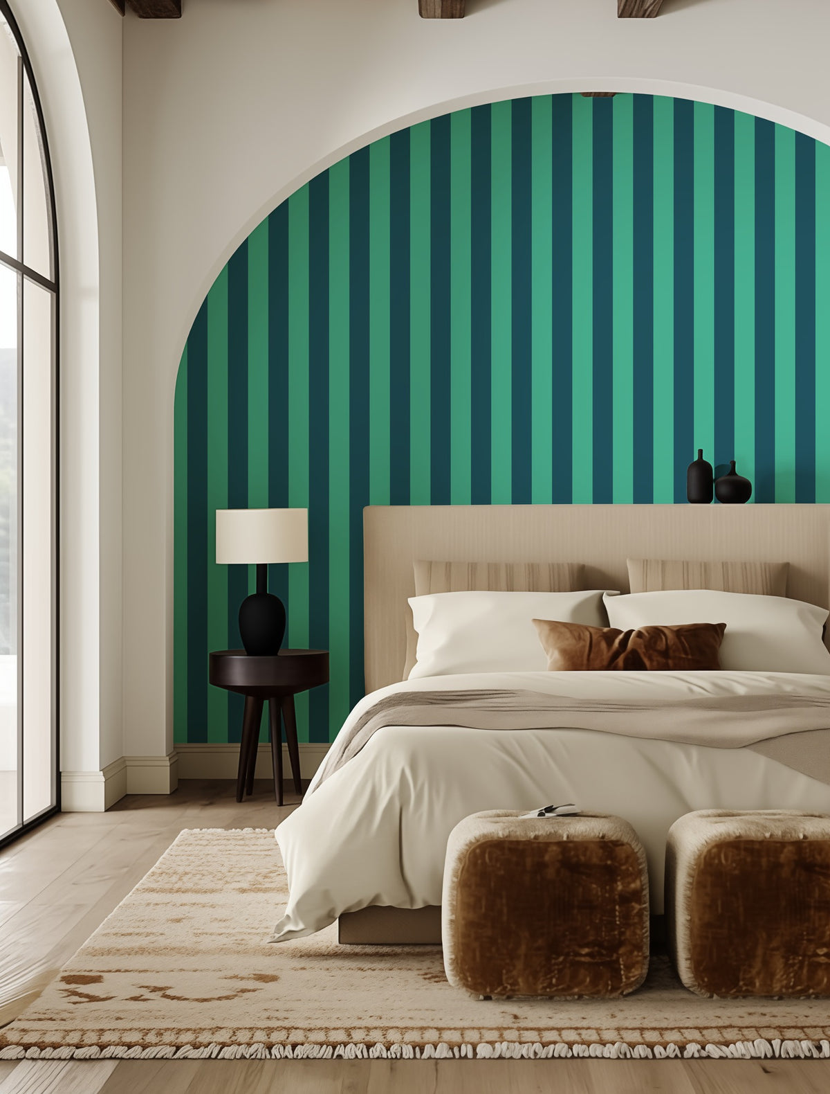 Teal & Navy – Classic Stripe Wallpaper styled in a bedroom